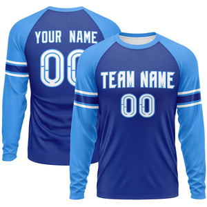 Custom Royal Powder Blue White Crew Neck Personalized Raglan Long Sleeve Performance T-shirt