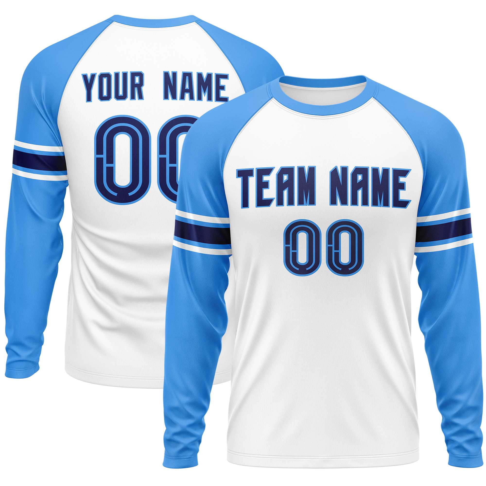 Custom White Powder Blue Navy Crew Neck Personalized Raglan Long Sleeve Performance T-shirt