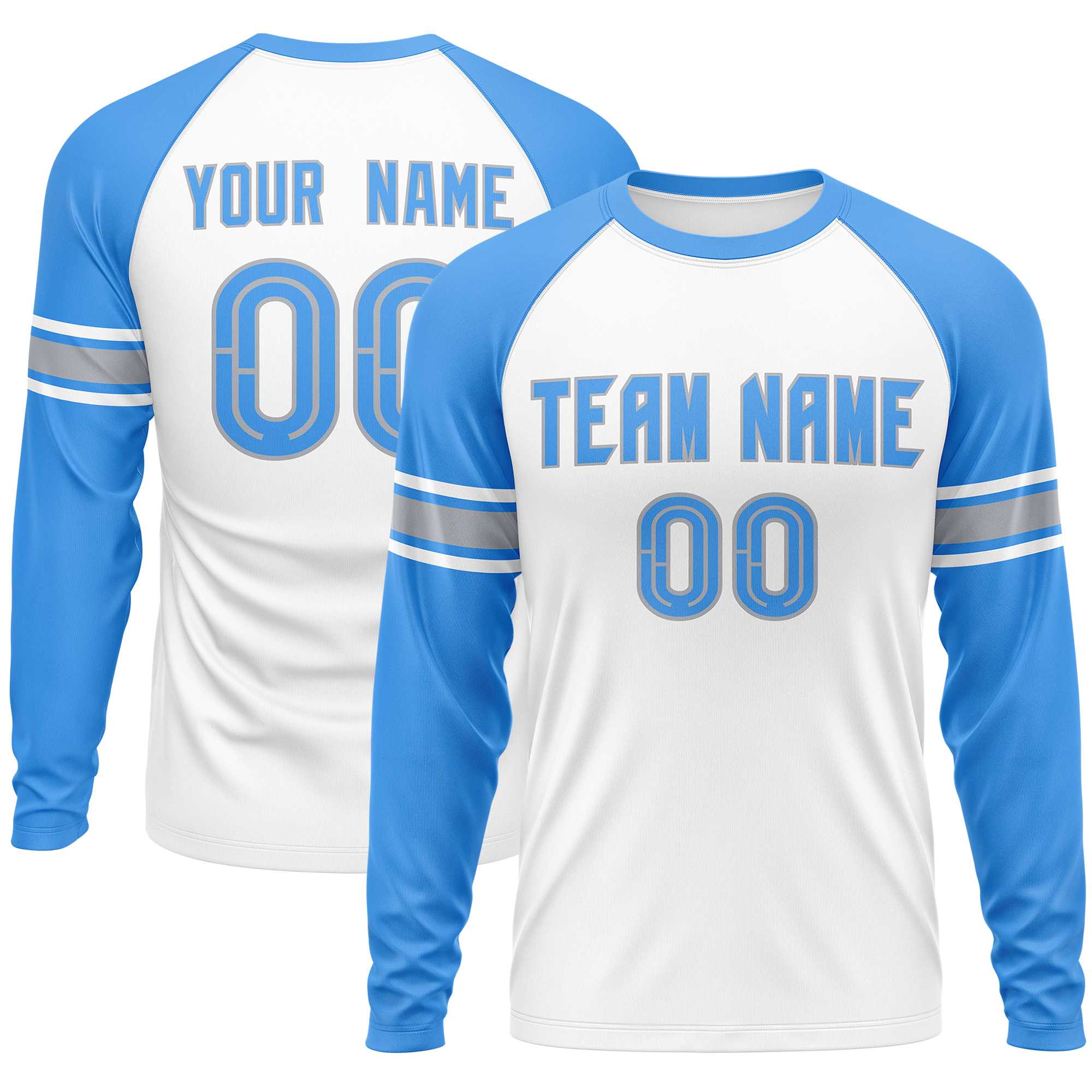 Custom White Powder Blue Gray Crew Neck Personalized Raglan Long Sleeve Performance T-shirt