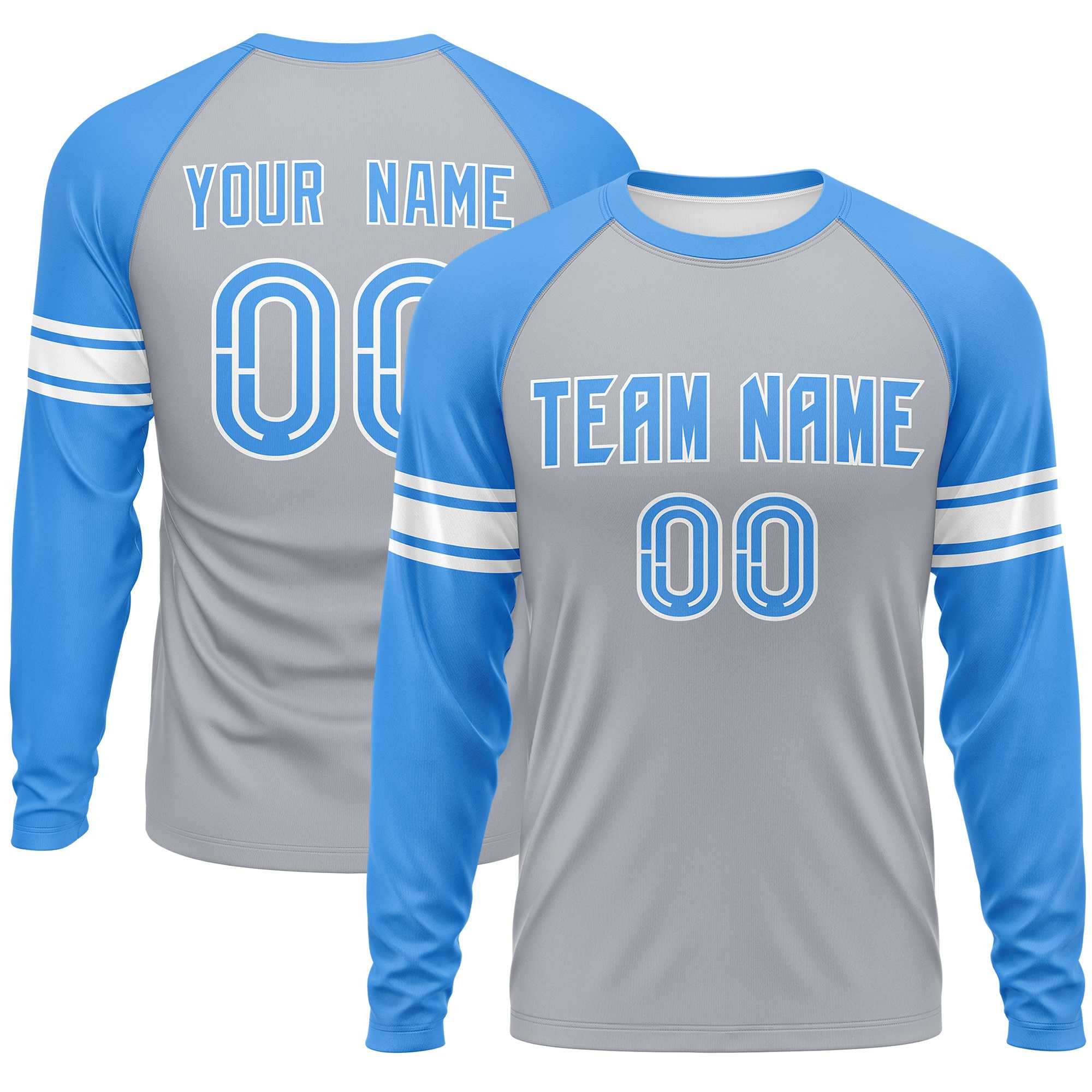 Custom Gray Powder Blue White Crew Neck Personalized Raglan Long Sleeve Performance T-shirt