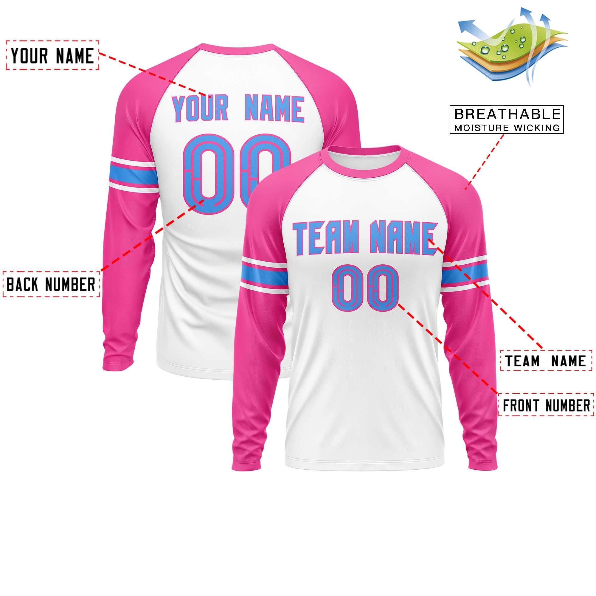 Custom White Pink Powder Blue Crew Neck Personalized Raglan Long Sleeve Performance T-shirt