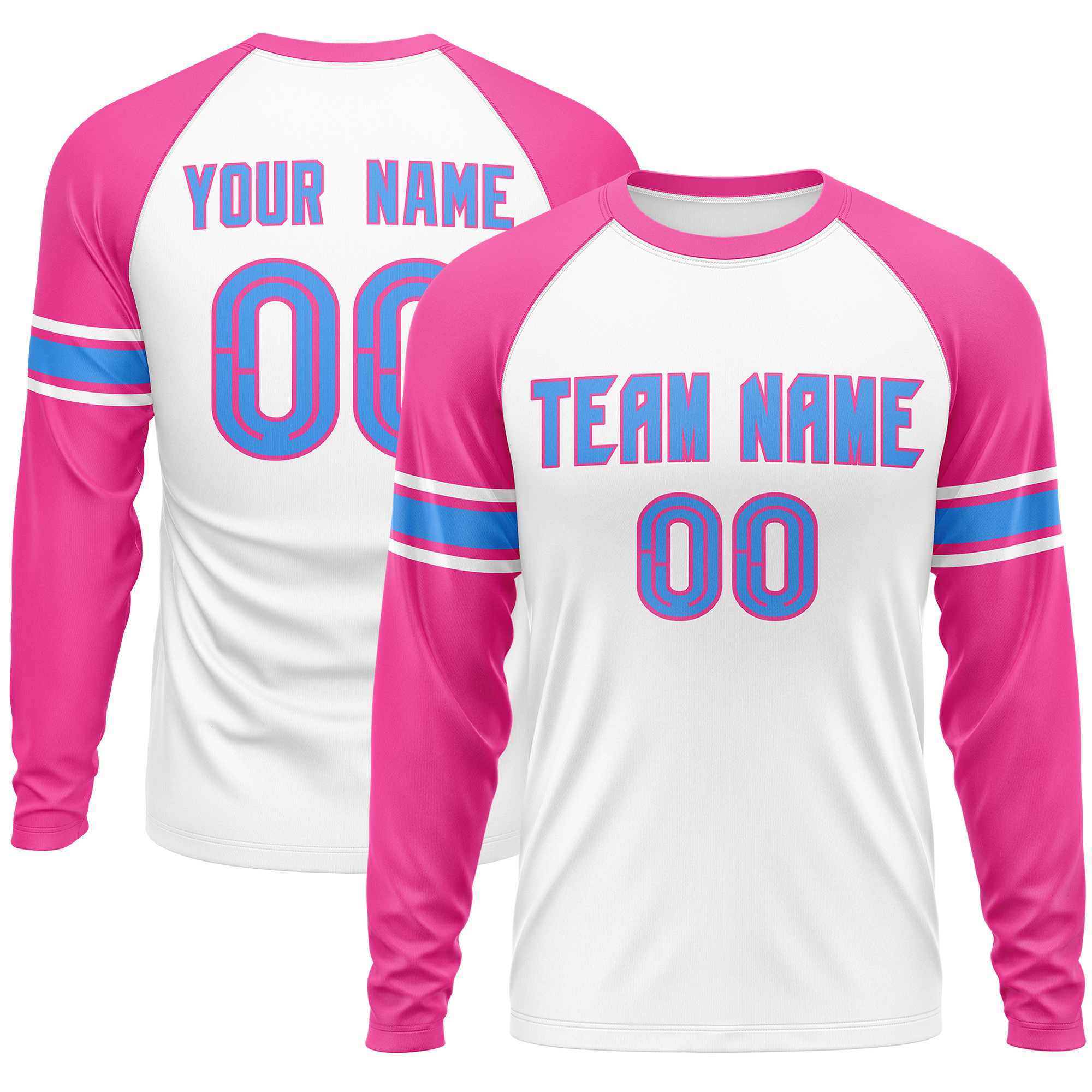 Custom White Pink Powder Blue Crew Neck Personalized Raglan Long Sleeve Performance T-shirt