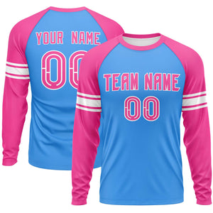 Custom Powder Blue Pink White Crew Neck Personalized Raglan Long Sleeve Performance T-shirt