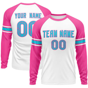 Custom White Pink Sky Blue Crew Neck Personalized Raglan Long Sleeve Performance T-shirt