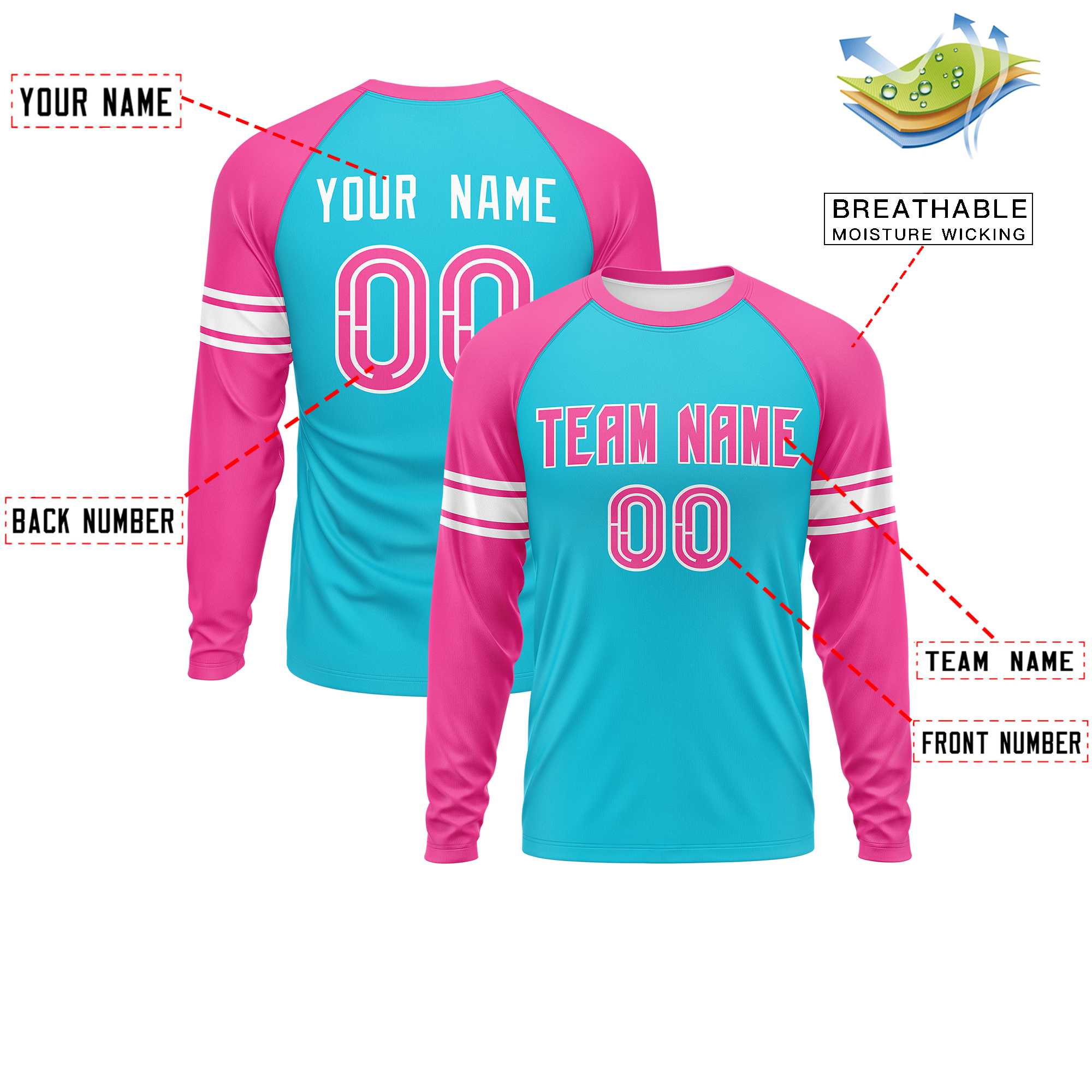 Custom Sky Blue Pink White Crew Neck Personalized Raglan Long Sleeve Performance T-shirt