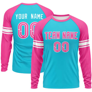 Custom Sky Blue Pink White Crew Neck Personalized Raglan Long Sleeve Performance T-shirt