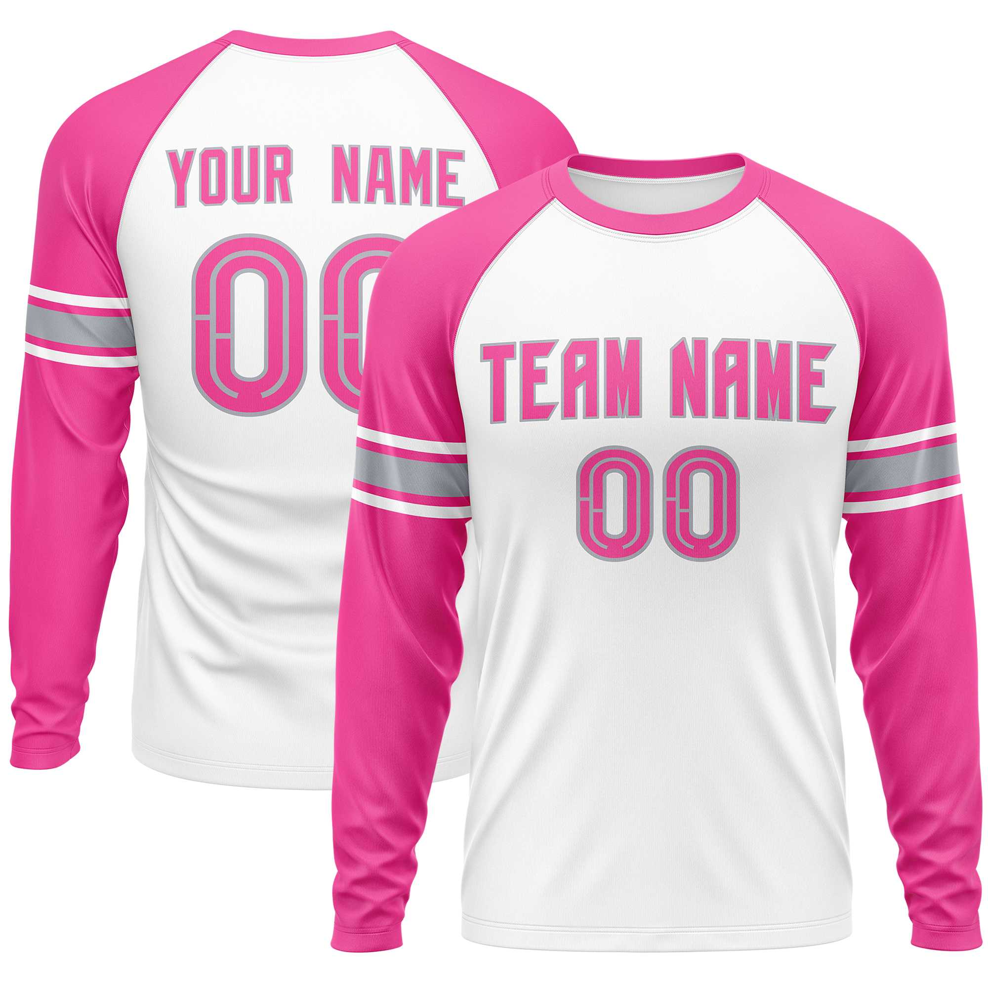 Custom White Pink Gray Crew Neck Personalized Raglan Long Sleeve Performance T-shirt