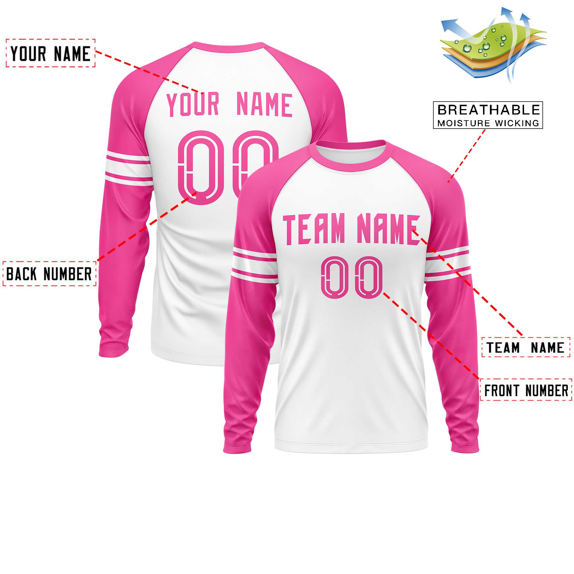 Custom White Pink Crew Neck Personalized Raglan Long Sleeve Performance T-shirt