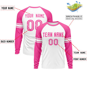 Custom White Pink Crew Neck Personalized Raglan Long Sleeve Performance T-shirt