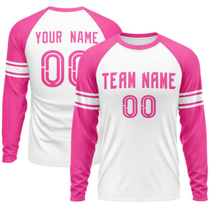 Custom White Pink Crew Neck Personalized Raglan Long Sleeve Performance T-shirt