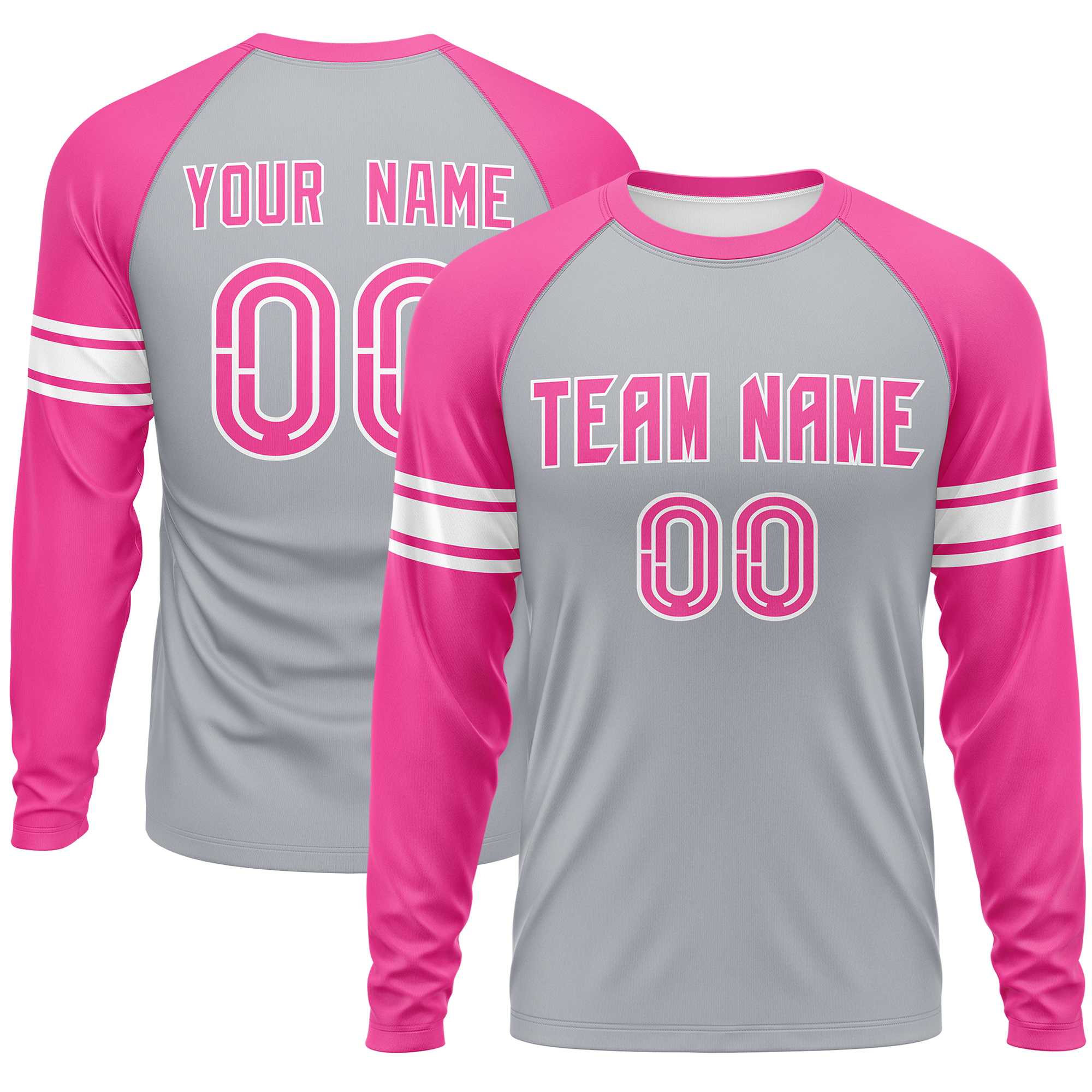 Custom Gray Pink White Crew Neck Personalized Raglan Long Sleeve Performance T-shirt