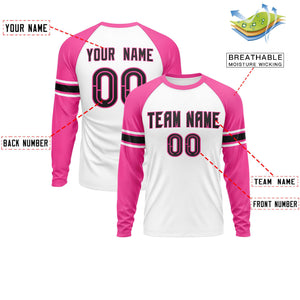 Custom White Pink Black Crew Neck Personalized Raglan Long Sleeve Performance T-shirt