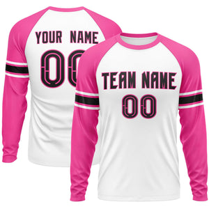 Custom White Pink Black Crew Neck Personalized Raglan Long Sleeve Performance T-shirt