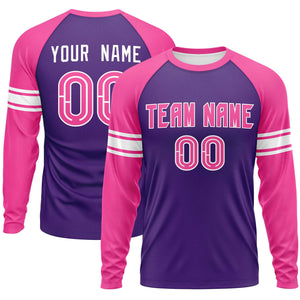 Custom Purple Pink White Crew Neck Personalized Raglan Long Sleeve Performance T-shirt