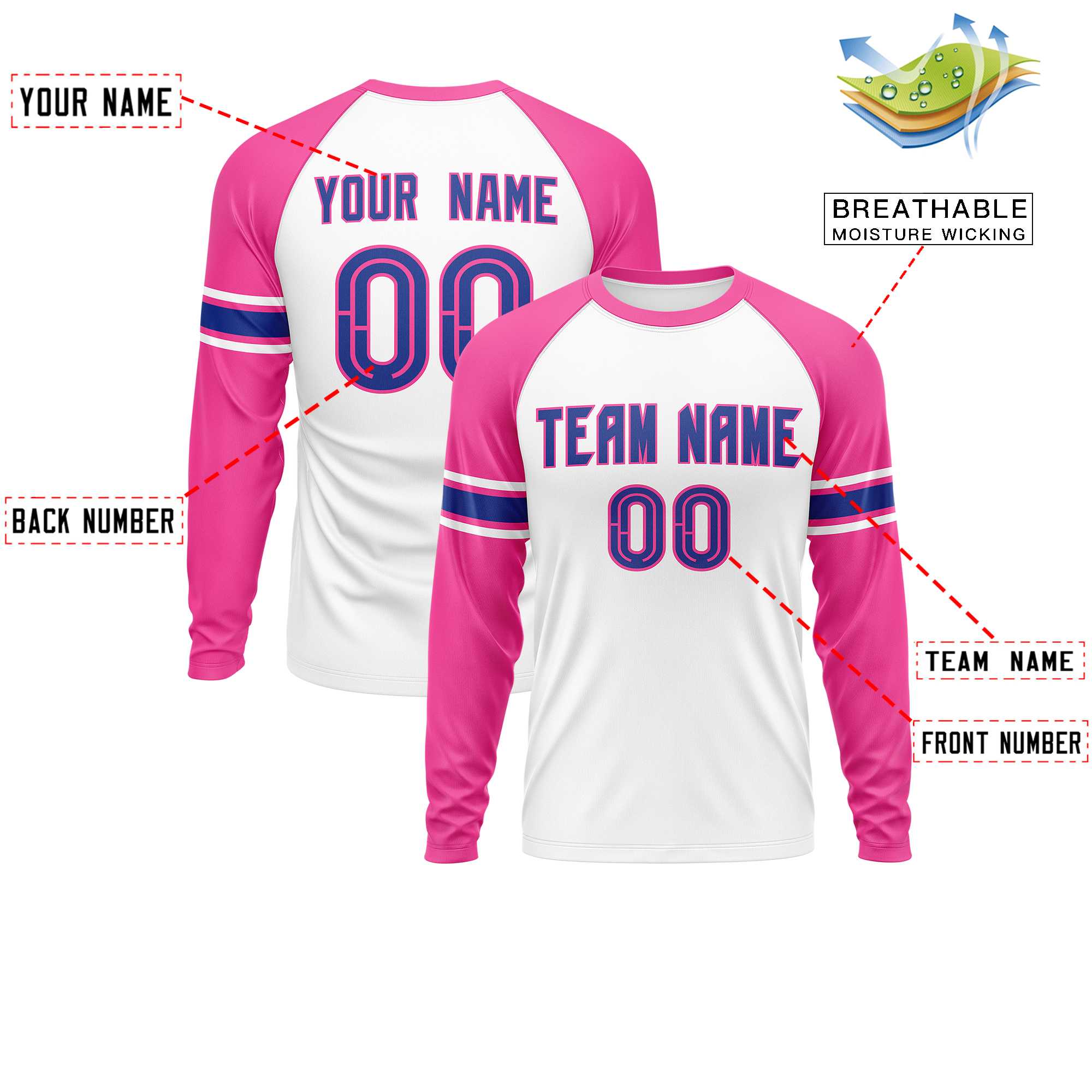 Custom White Pink Royal Crew Neck Personalized Raglan Long Sleeve Performance T-shirt