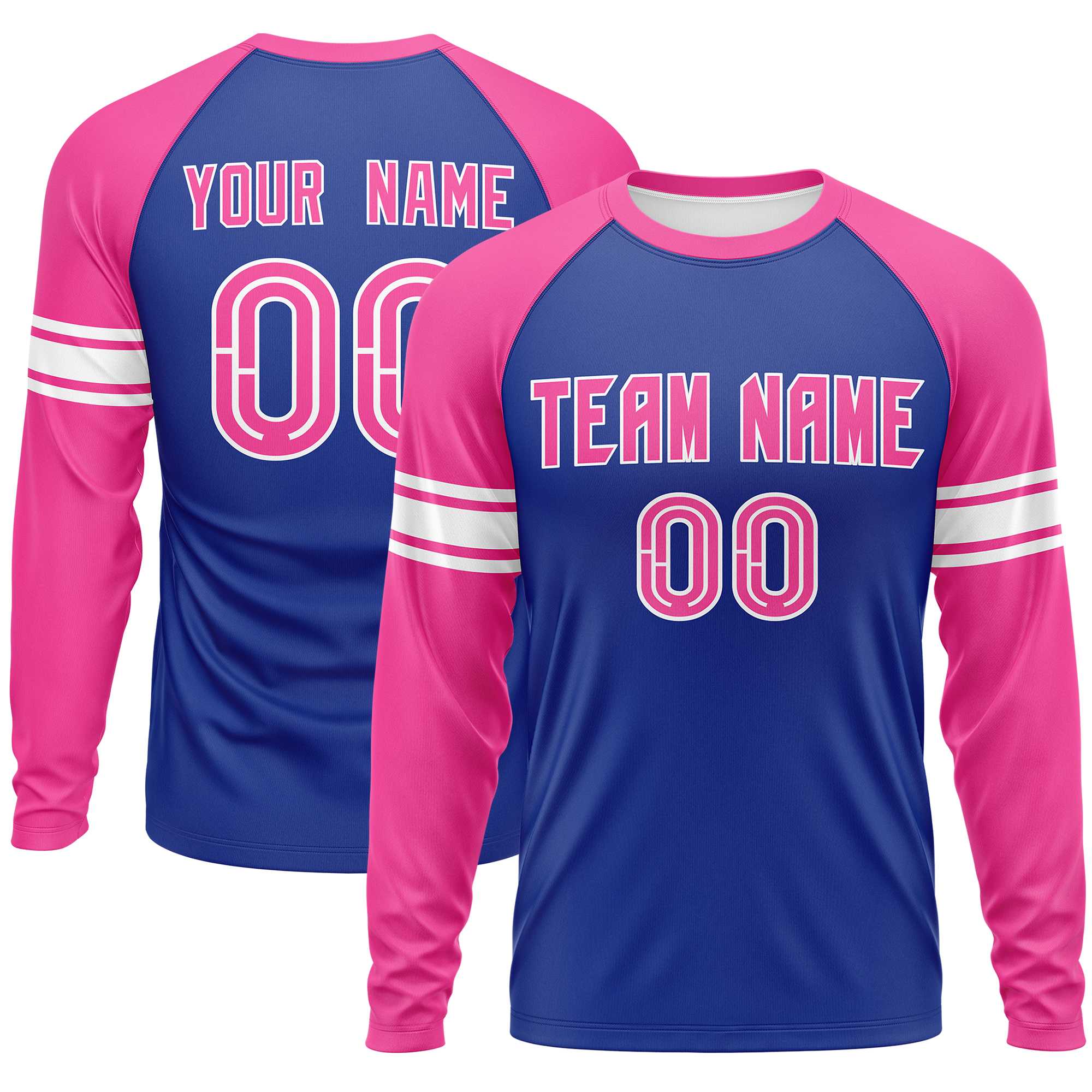 Custom Royal Pink White Crew Neck Personalized Raglan Long Sleeve Performance T-shirt