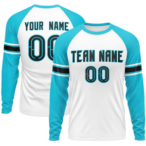 Custom White Sky Blue Black Crew Neck Personalized Raglan Long Sleeve Performance T-shirt