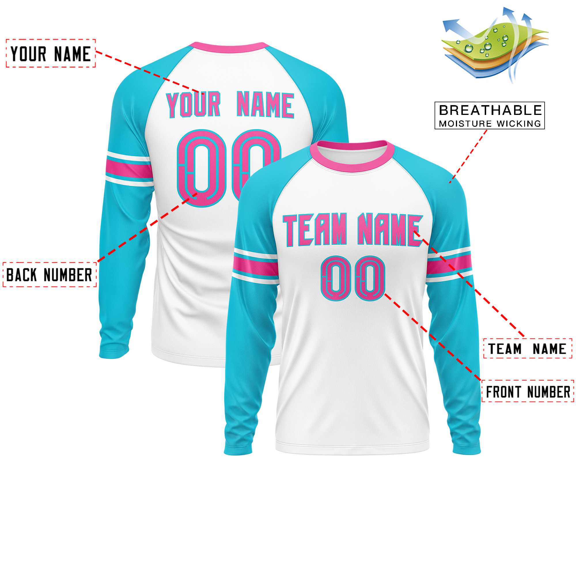 Custom White Sky Blue Pink Crew Neck Personalized Raglan Long Sleeve Performance T-shirt