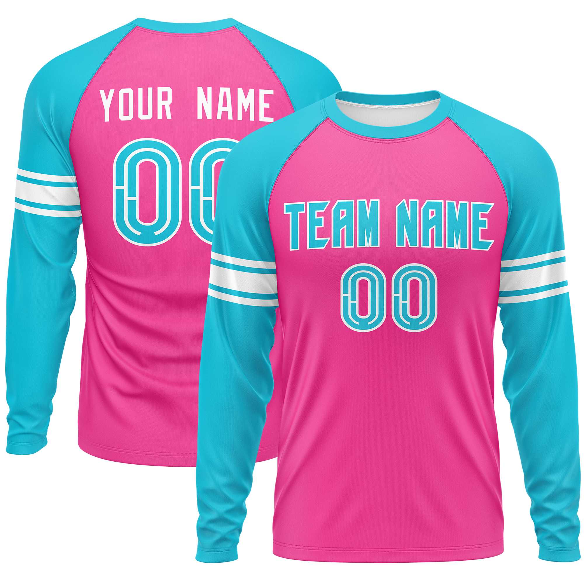 Custom Pink Sky Blue White Crew Neck Personalized Raglan Long Sleeve Performance T-shirt