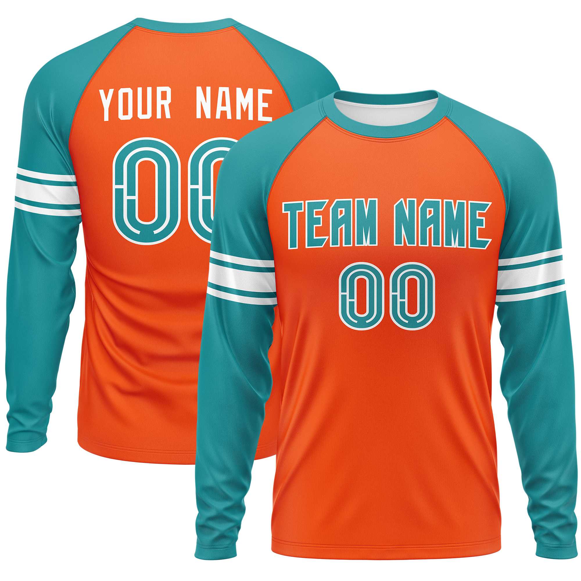 Custom Orange Aqua White Crew Neck Personalized Raglan Long Sleeve Performance T-shirt