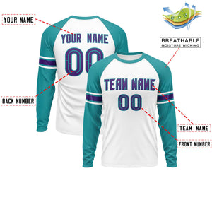 Custom White Aqua Purple Crew Neck Personalized Raglan Long Sleeve Performance T-shirt