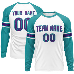 Custom White Aqua Purple Crew Neck Personalized Raglan Long Sleeve Performance T-shirt