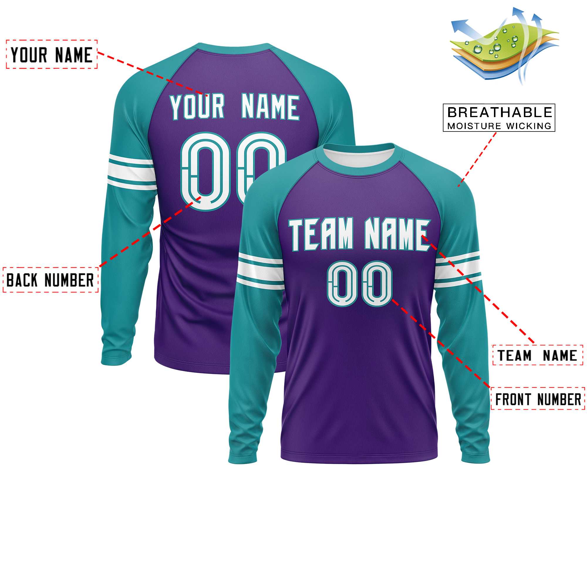 Custom Purple Aqua White Crew Neck Personalized Raglan Long Sleeve Performance T-shirt