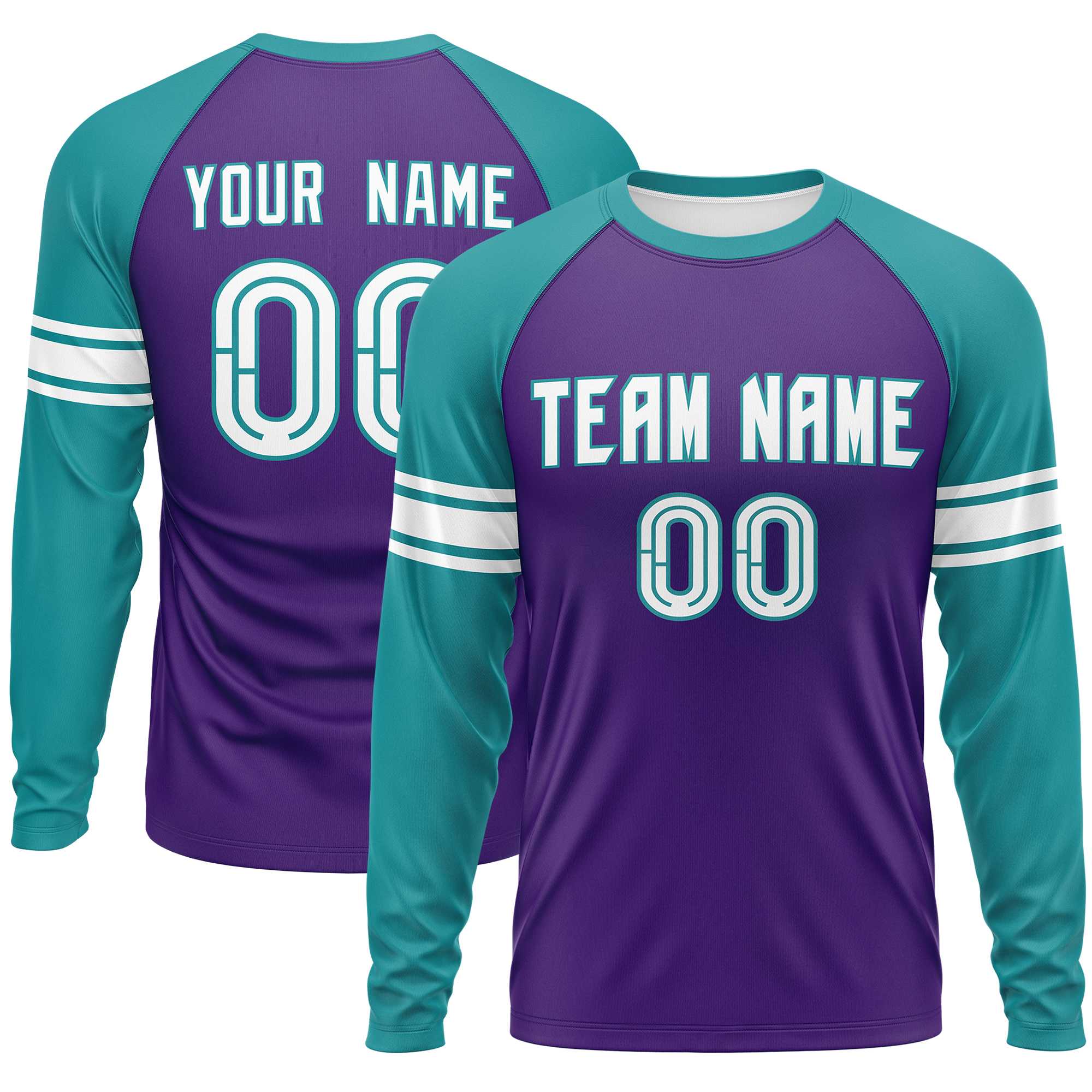 Custom Purple Aqua White Crew Neck Personalized Raglan Long Sleeve Performance T-shirt