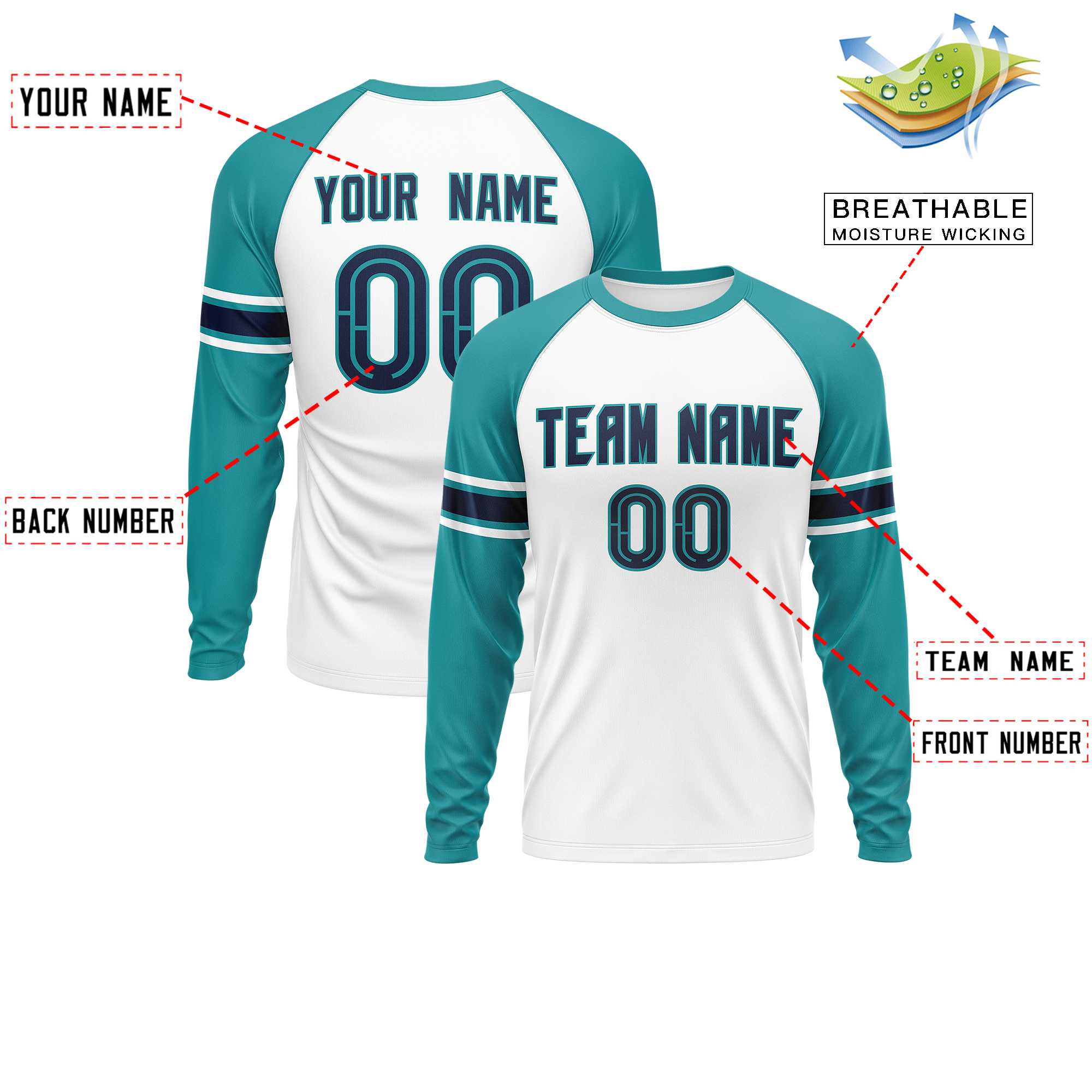 Custom White Aqua Navy Crew Neck Personalized Raglan Long Sleeve Performance T-shirt