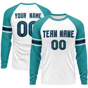 Custom White Aqua Navy Crew Neck Personalized Raglan Long Sleeve Performance T-shirt