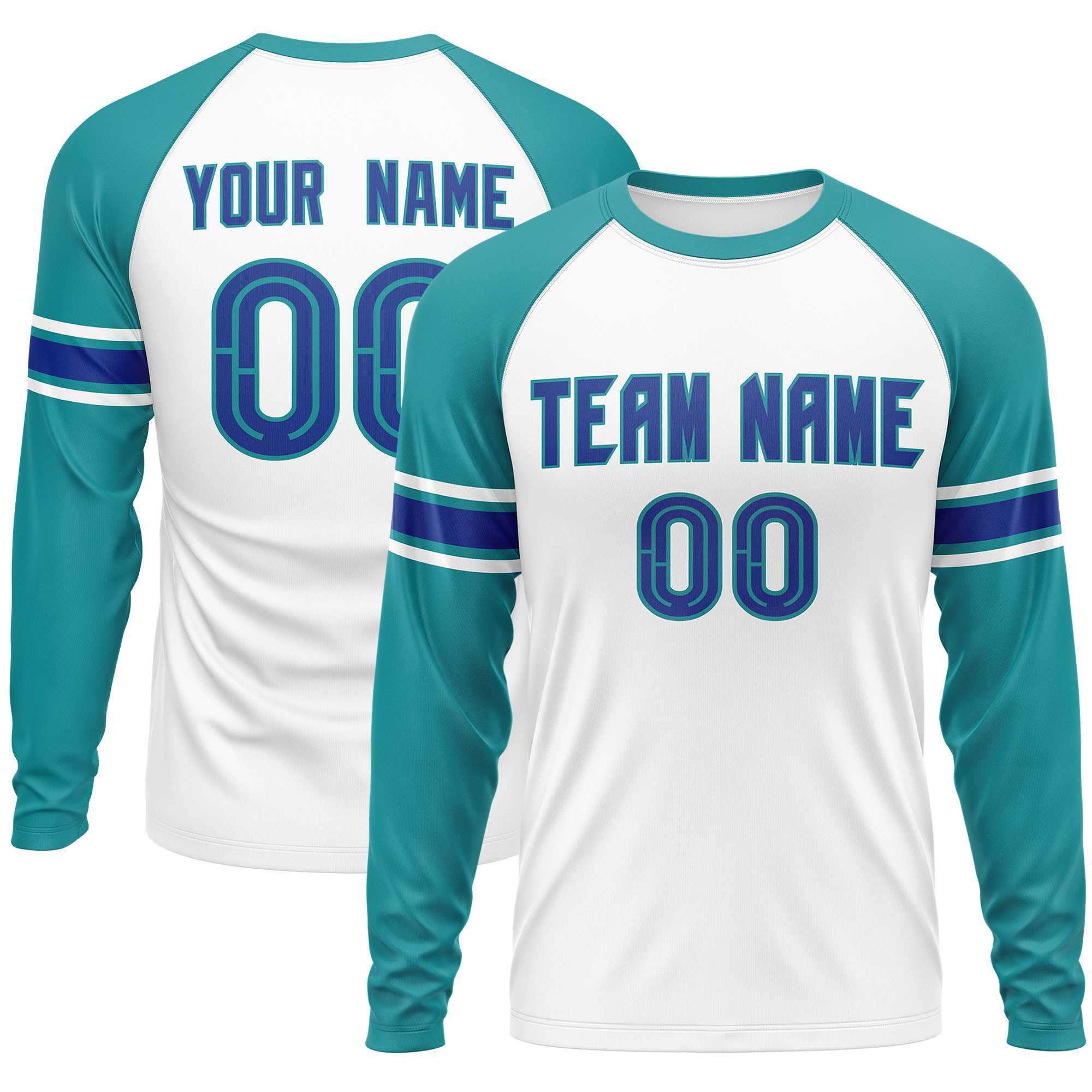 Custom White Aqua Royal Crew Neck Personalized Raglan Long Sleeve Performance T-shirt