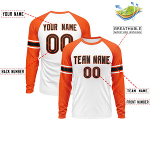 Custom White Orange Black Crew Neck Personalized Raglan Long Sleeve Performance T-shirt