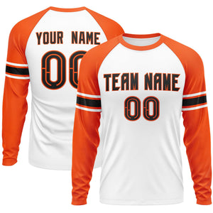 Custom White Orange Black Crew Neck Personalized Raglan Long Sleeve Performance T-shirt