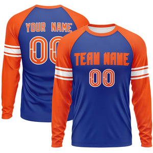 Custom Royal Orange White Crew Neck Personalized Raglan Long Sleeve Performance T-shirt