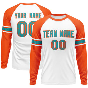 Custom White Orange Aqua Crew Neck Personalized Raglan Long Sleeve Performance T-shirt