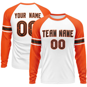 Custom White Orange Brown Crew Neck Personalized Raglan Long Sleeve Performance T-shirt