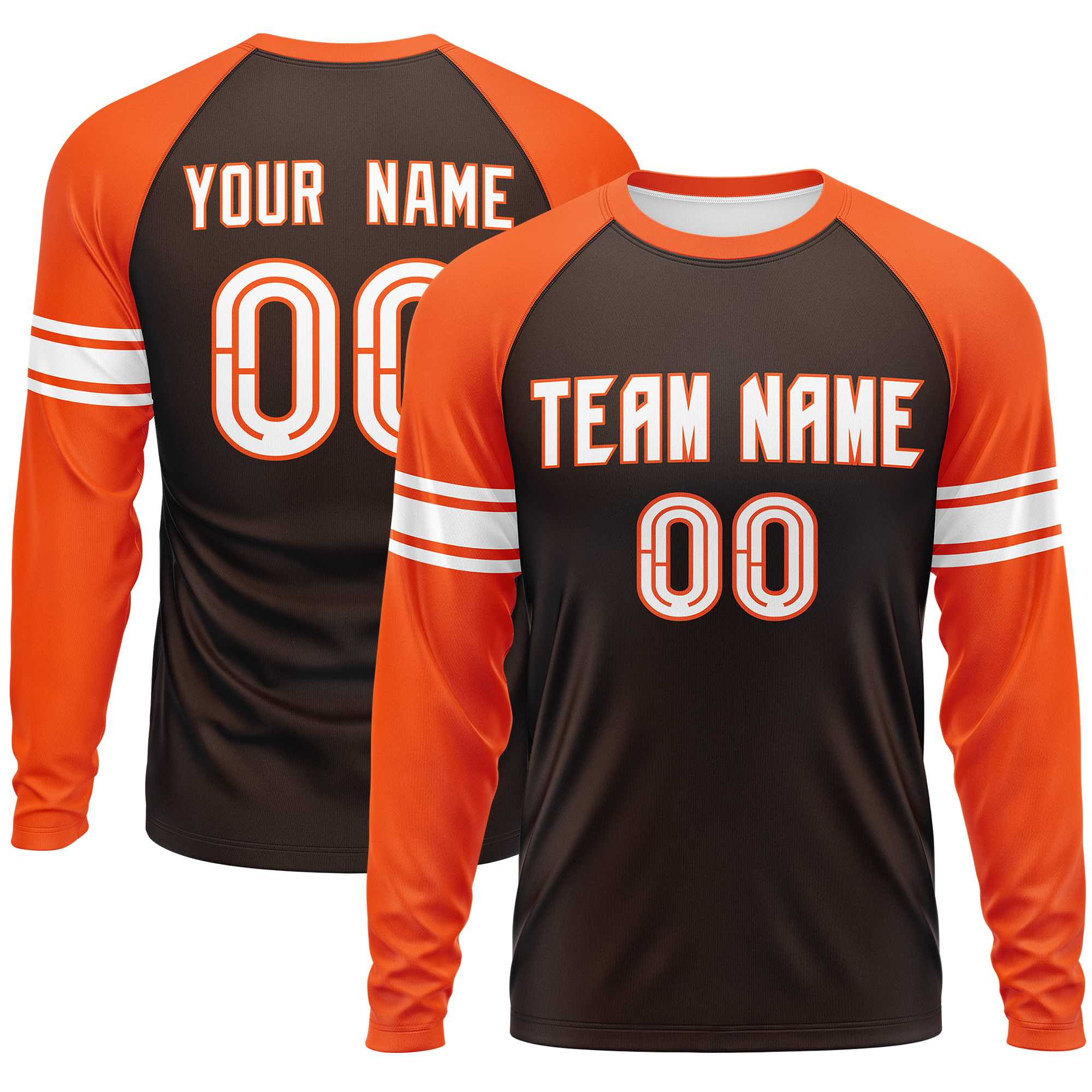 Custom Brown Orange White Crew Neck Personalized Raglan Long Sleeve Performance T-shirt