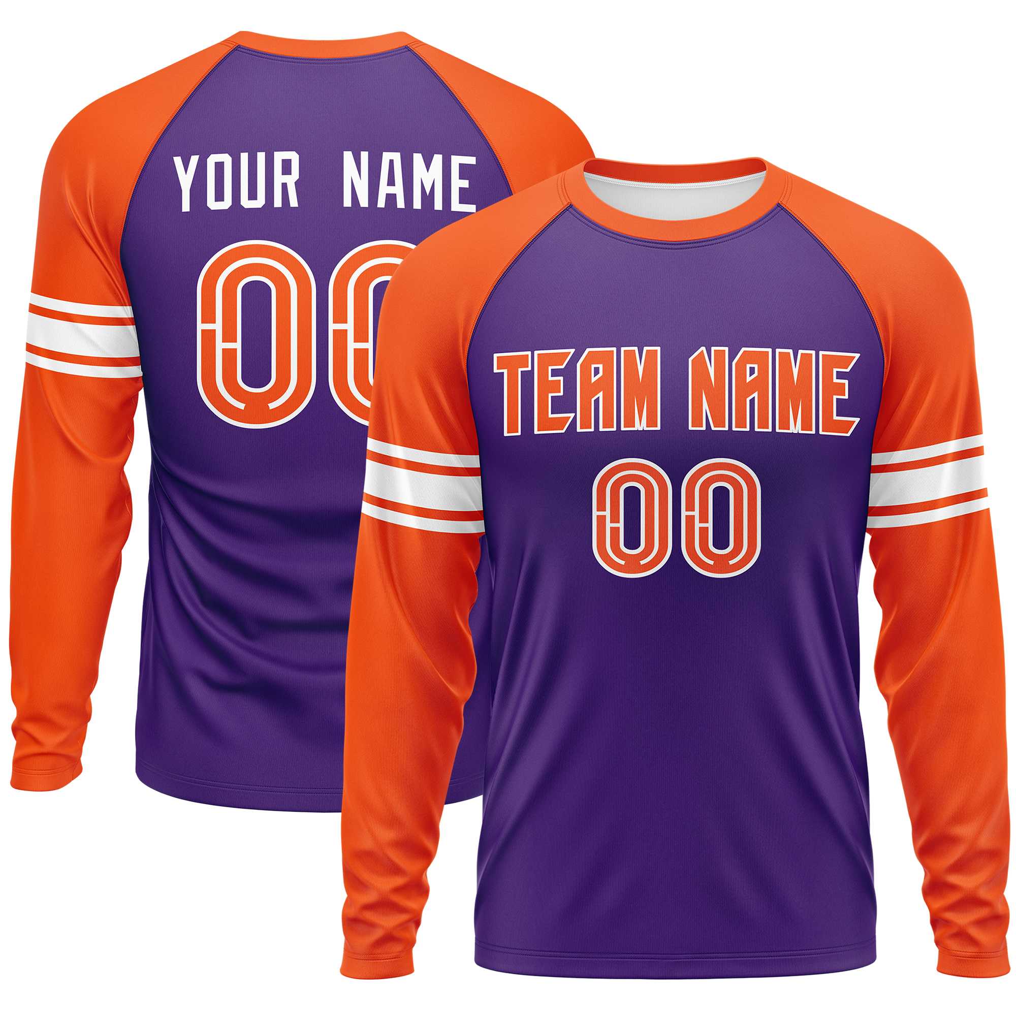 Custom Purple Orange White Crew Neck Personalized Raglan Long Sleeve Performance T-shirt