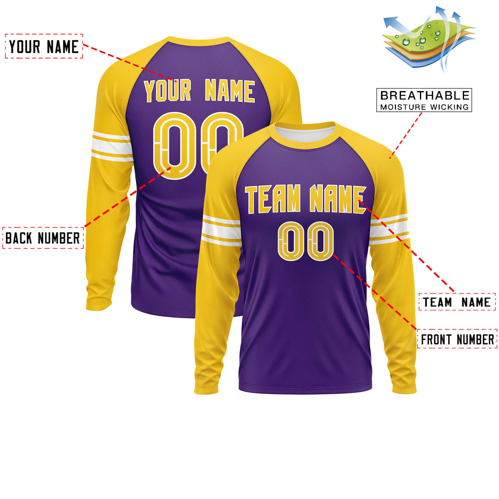 Custom Purple Gold White Crew Neck Personalized Raglan Long Sleeve Performance T-shirt