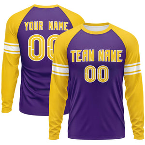 Custom Purple Gold White Crew Neck Personalized Raglan Long Sleeve Performance T-shirt