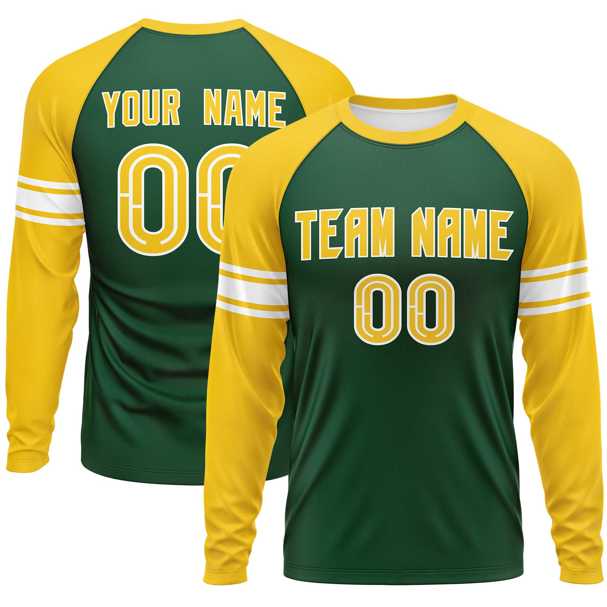 Custom Green Gold White Crew Neck Personalized Raglan Long Sleeve Performance T-shirt