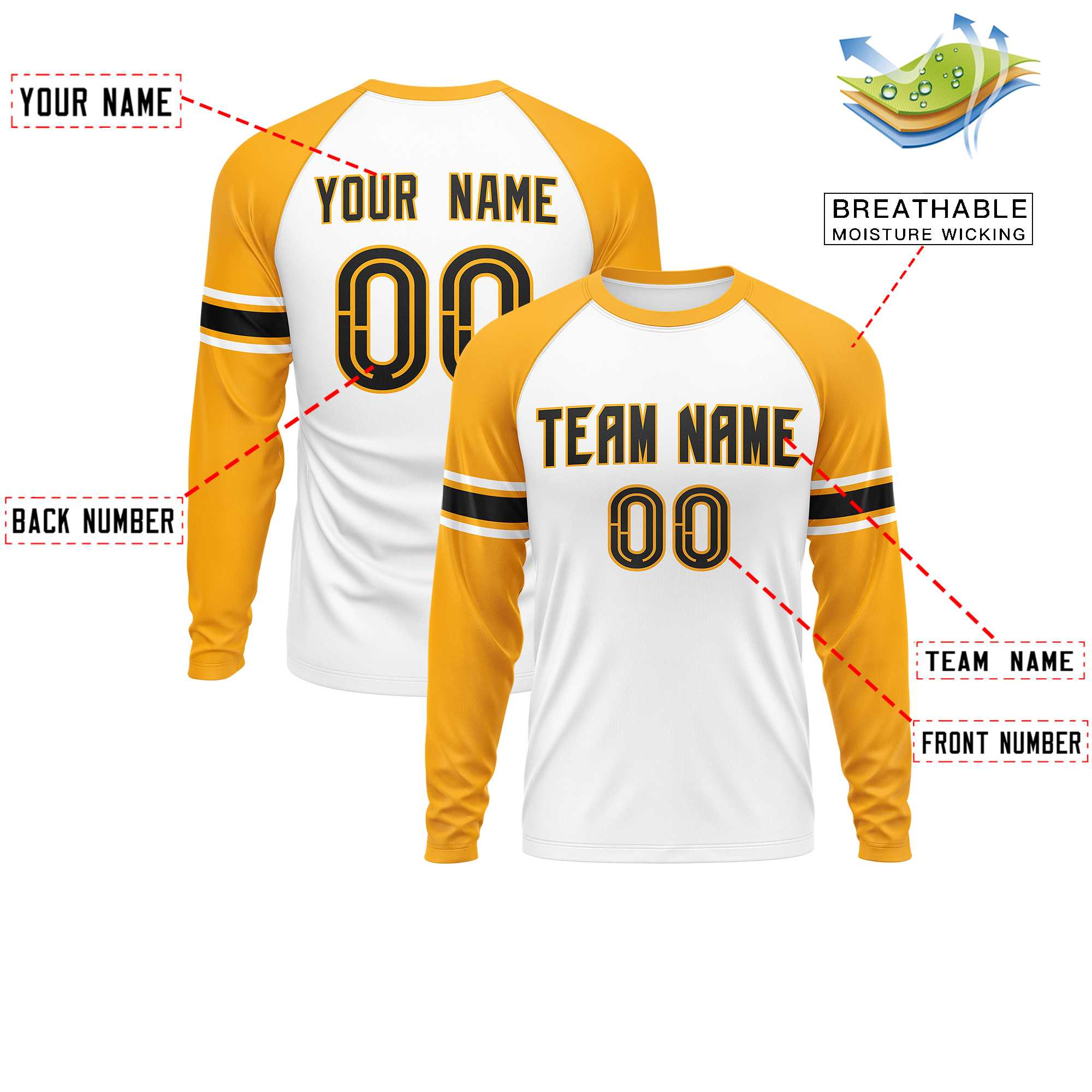 Custom White Yellow Black Crew Neck Personalized Raglan Long Sleeve Performance T-shirt