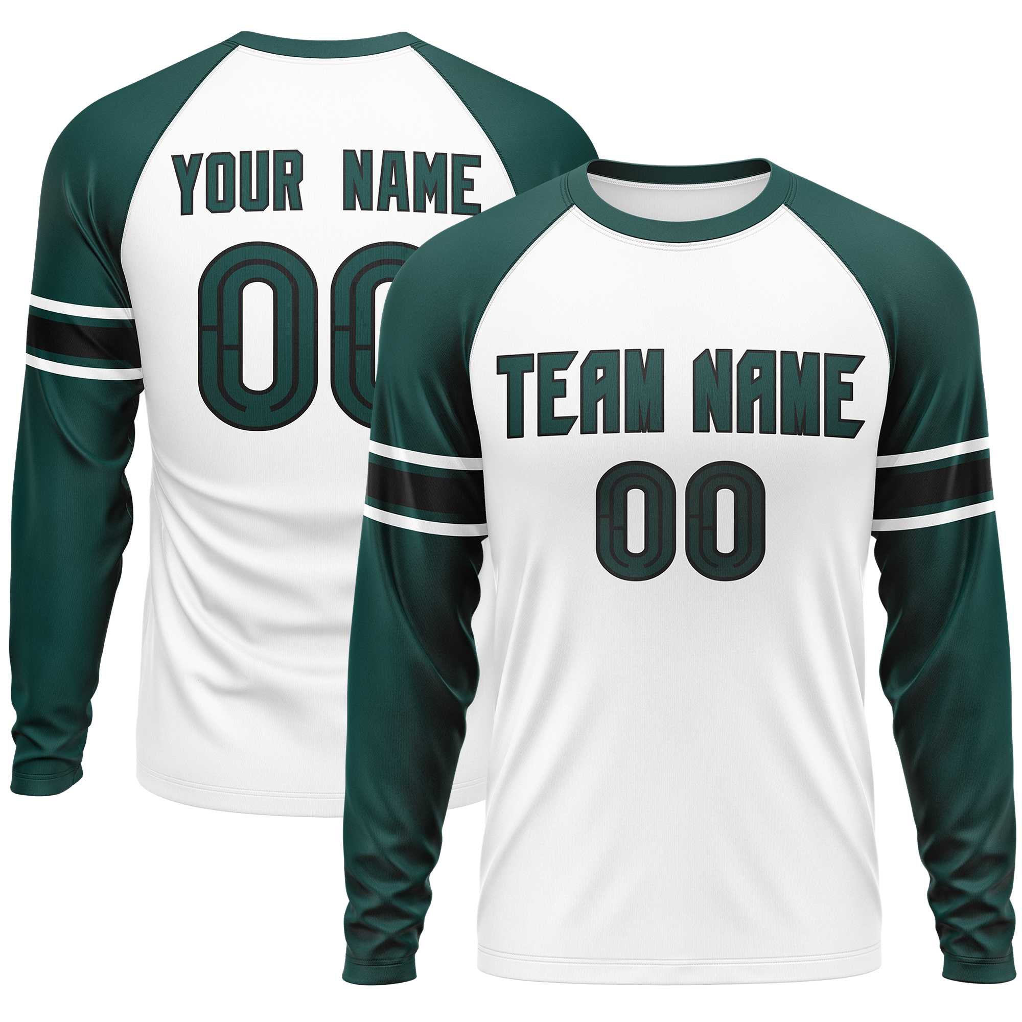 Custom White Midnight Green Black Crew Neck Personalized Raglan Long Sleeve Performance T-shirt