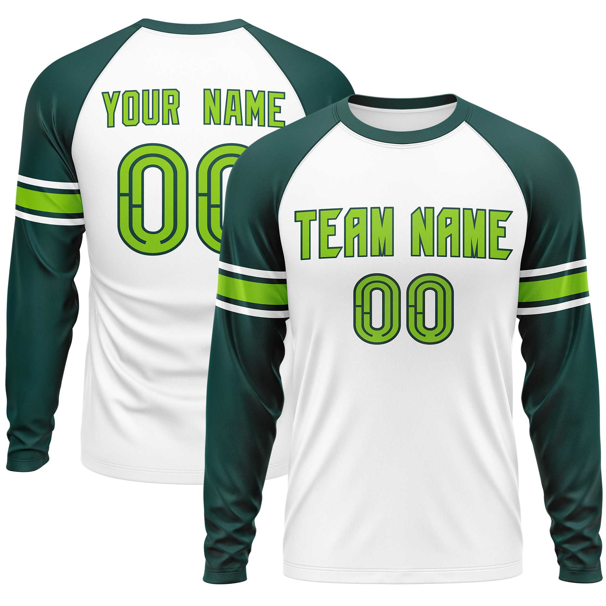 Custom White Midnight Green Neon Green Crew Neck Personalized Raglan Long Sleeve Performance T-shirt