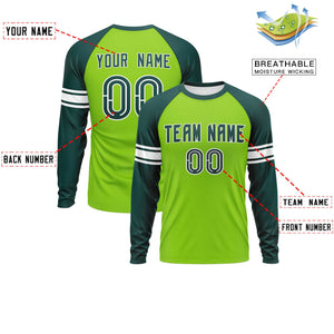 Custom Neon Green Midnight Green White Crew Neck Personalized Raglan Long Sleeve Performance T-shirt