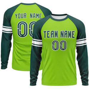 Custom Neon Green Midnight Green White Crew Neck Personalized Raglan Long Sleeve Performance T-shirt