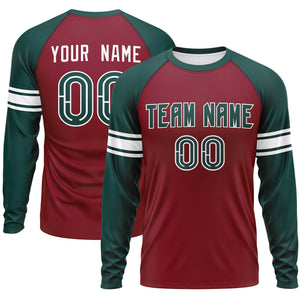 Custom Crimson Midnight Green White Crew Neck Personalized Raglan Long Sleeve Performance T-shirt