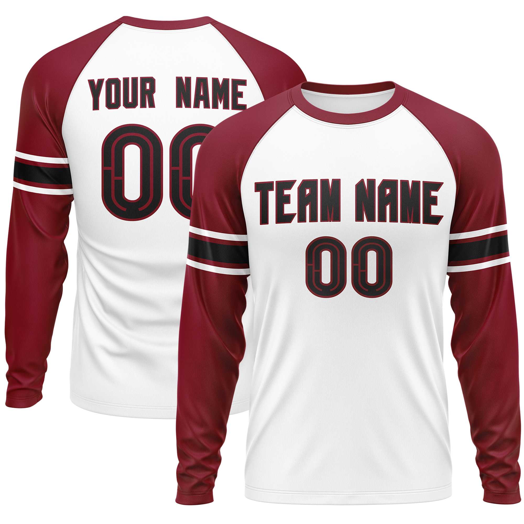 Custom White Crimson Black Crew Neck Personalized Raglan Long Sleeve Performance T-shirt