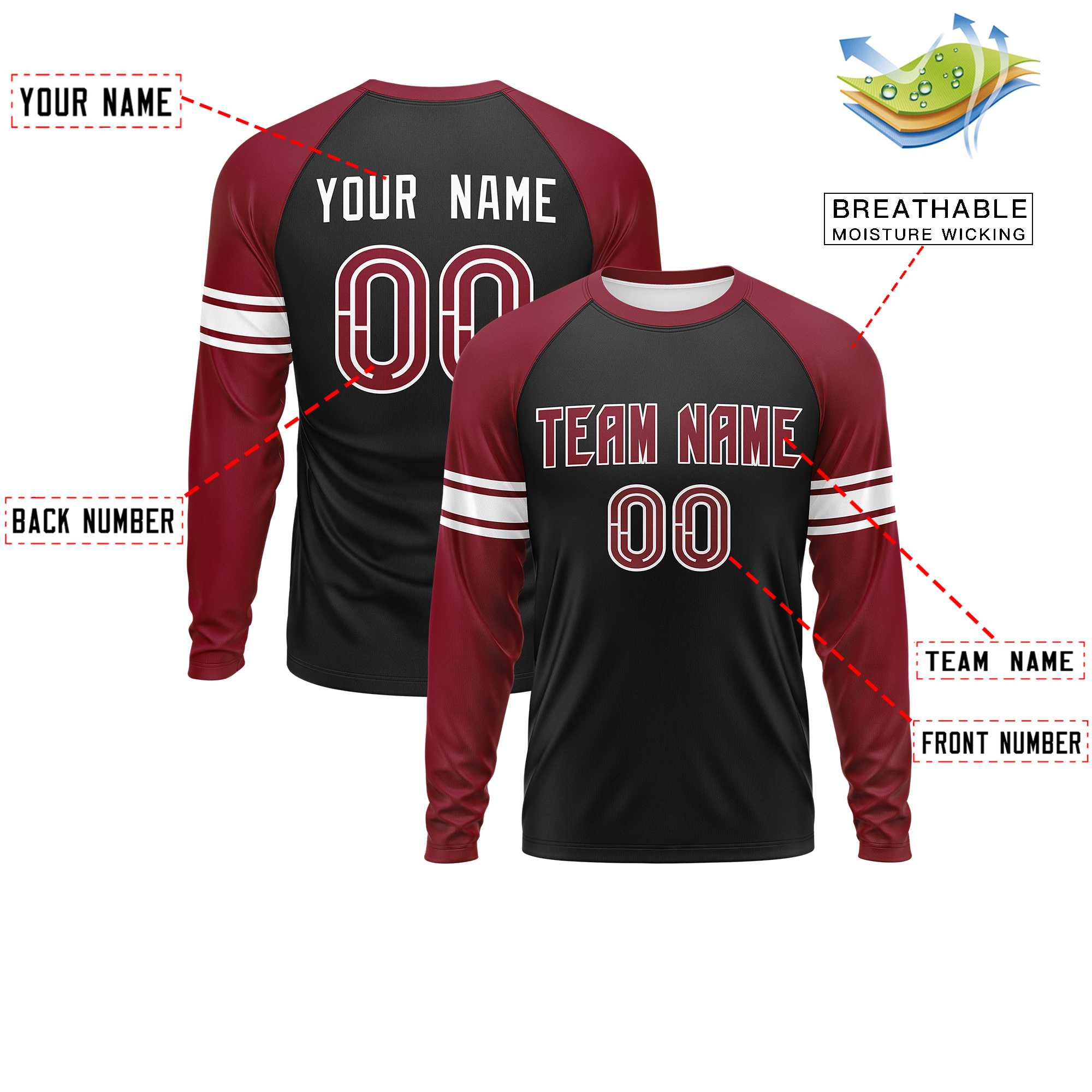 Custom Black Crimson White Crew Neck Personalized Raglan Long Sleeve Performance T-shirt