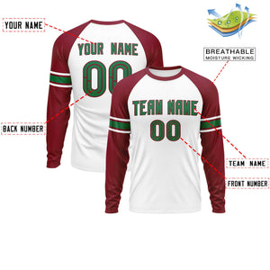 Custom White Crimson Kelly Green Crew Neck Personalized Raglan Long Sleeve Performance T-shirt